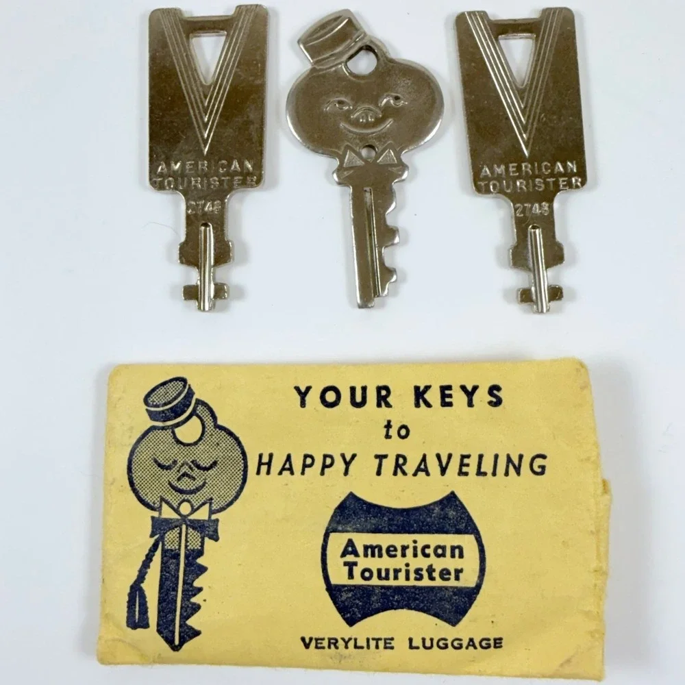 Vintage American Tourister Verylite Luggage Keys Presto Set Smiling Bellhop